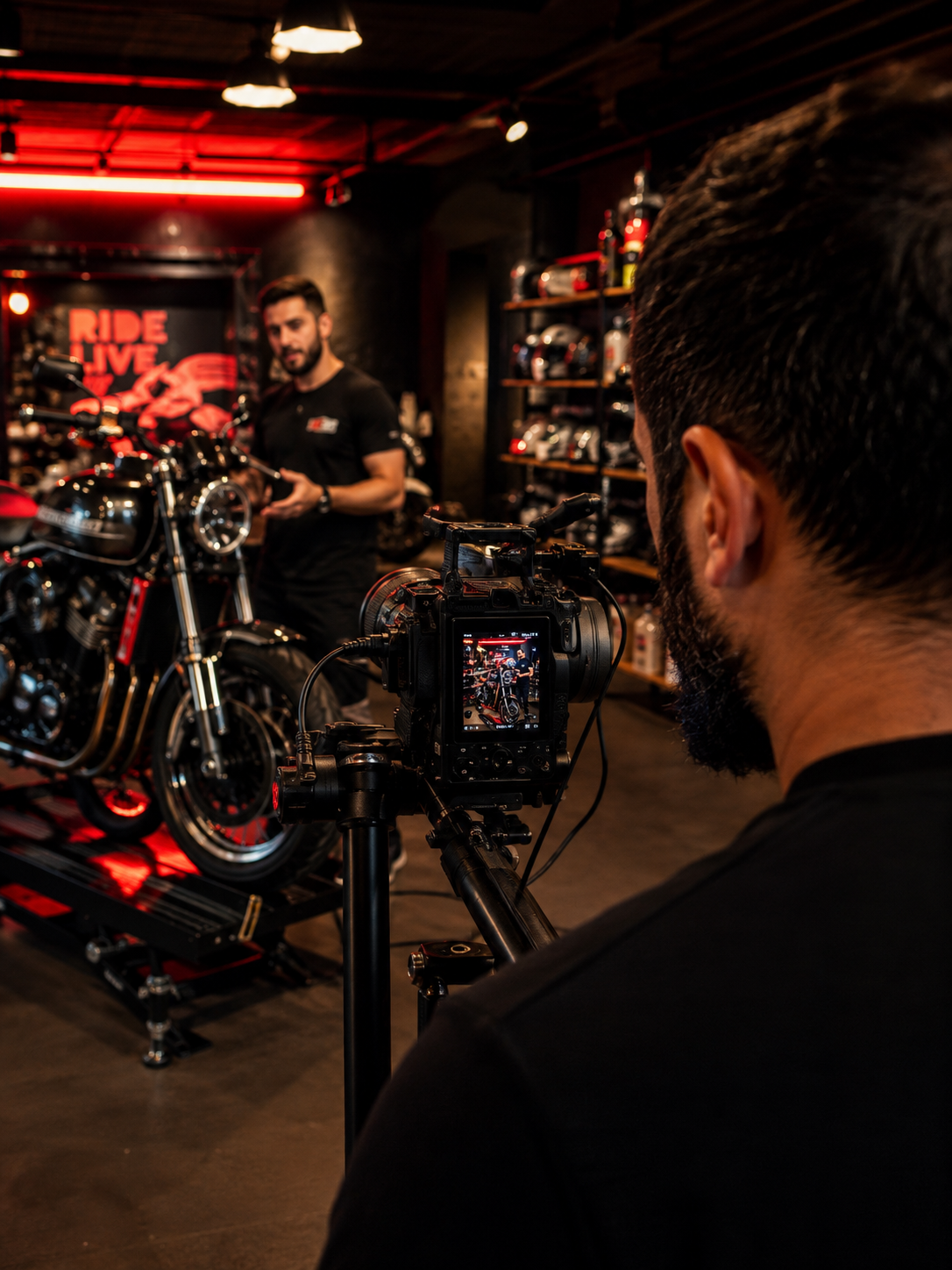 Videomaker gravando conteúdo em concessionária de motos